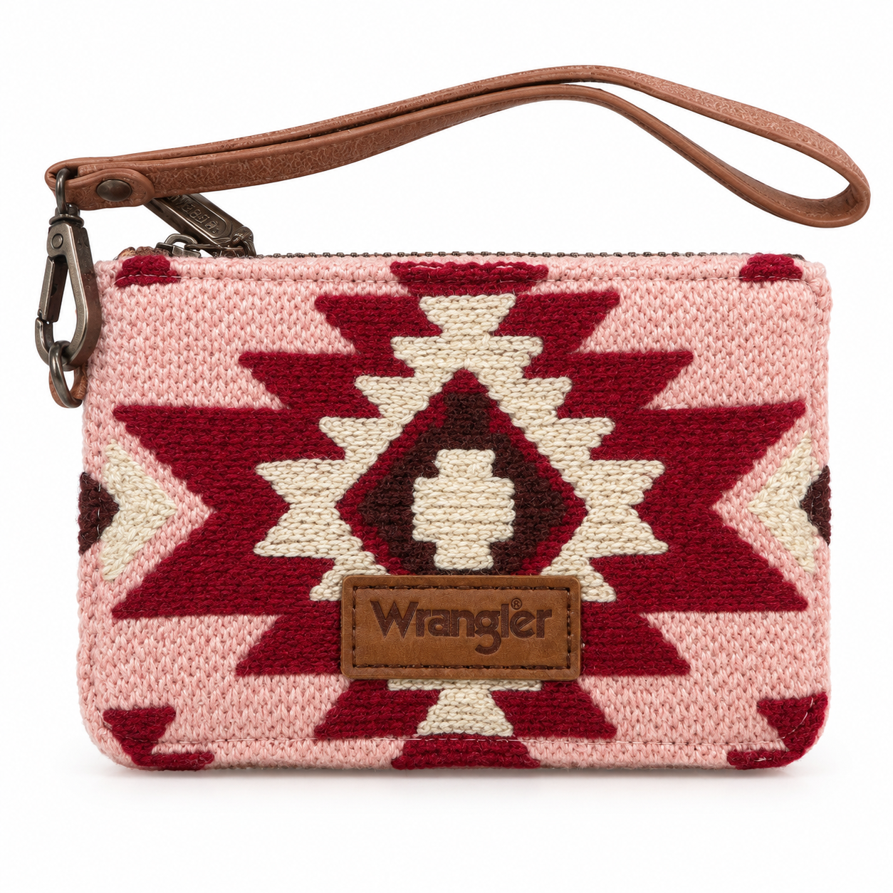 Trestles Clothing Company Aztec print card wallet with pink and maroon tapestry canvas, leather wrist strap, and logo